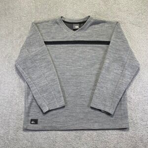 VINTAGE Quiksilver Sweater Mens XL Grey V-Neck Black Stripe Skate Surf Y2K